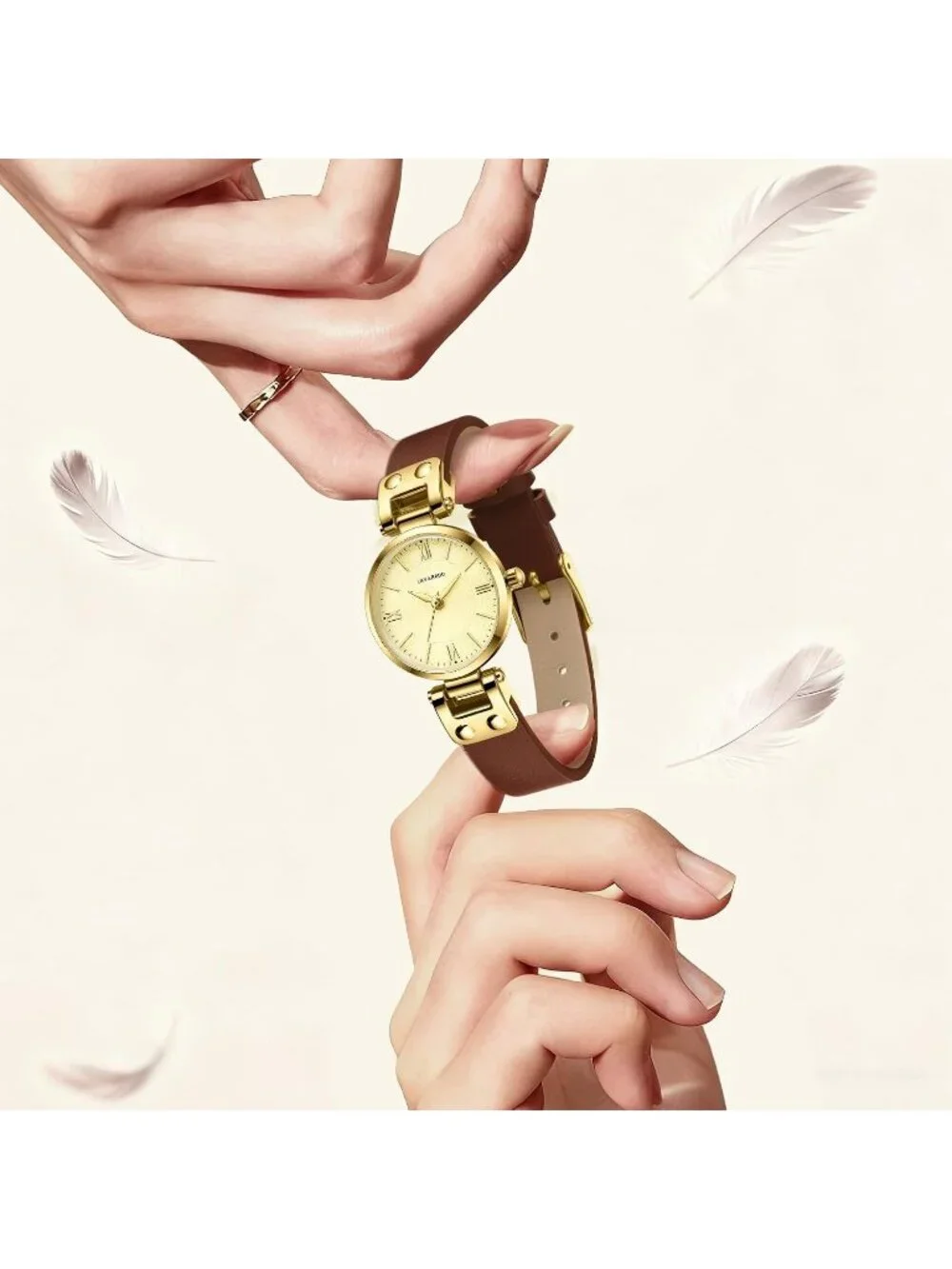 Women's Brown Gold Elegant Classic Small Gold Leather Stylish Ladies Wrist Watch